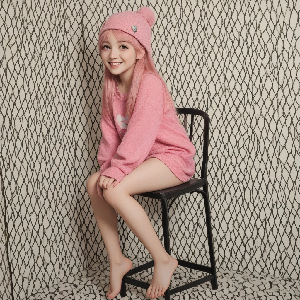 Pale skin ponytail hair Kurdish glasses teen sitting on bed tin body smiling small legs showing her pink socks