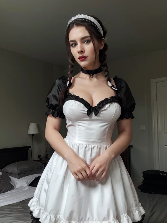 Auburn crown braid hair, pale skin, busty, grey-green eyes, dark red lipstick, black eyeliner, black eye smoke, bedroom, black and white frilly french maid uniform, maid bonnet, black satin choker