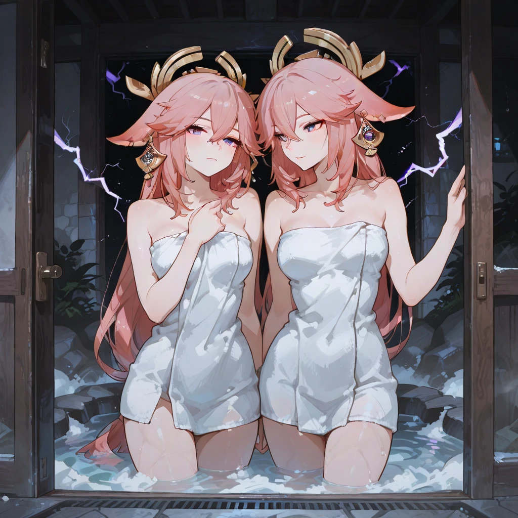 Genshin inpact yae miko with huge ??? wearing wet transparent clothes, showing her ?????, squeeze her huge ??? by her self