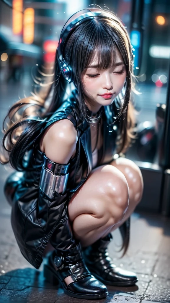 top-quality, masterpiece, 超A high resolution, (Photorealsitic:1.4), Raw photo, 女の子1人, japanes, Black hair, glowy skin, 1 Mechanical Girl, ((super realistic details)), Angle from top, globalillumination, Shadow, octan render, 8K, ultrasharp, Colossal tits, (shiny metal micro bikini:1.4), cleavage of the breast, Tube that digs into the chest:1.4, Tubes that dig into the skin of the whole body, Metallic Gloss Silver Plated Metal, (No cloth at all:1.4), Realistic light, a purple eye, radiant eyes, neon details, Aluminum mechanical foot, Metal rings with chains on both wrists, Limbs restrained and stretched with chains,:1.4, Squatting figure with closed legs:1.3, Arms above the head, Exposed buttocks, Lots of cables on the floor, Small LED lamp, Reflectivity 100%Mirror floor, 100%mirror walls, Purple pale lighting, 2 limbs each, full body seen,