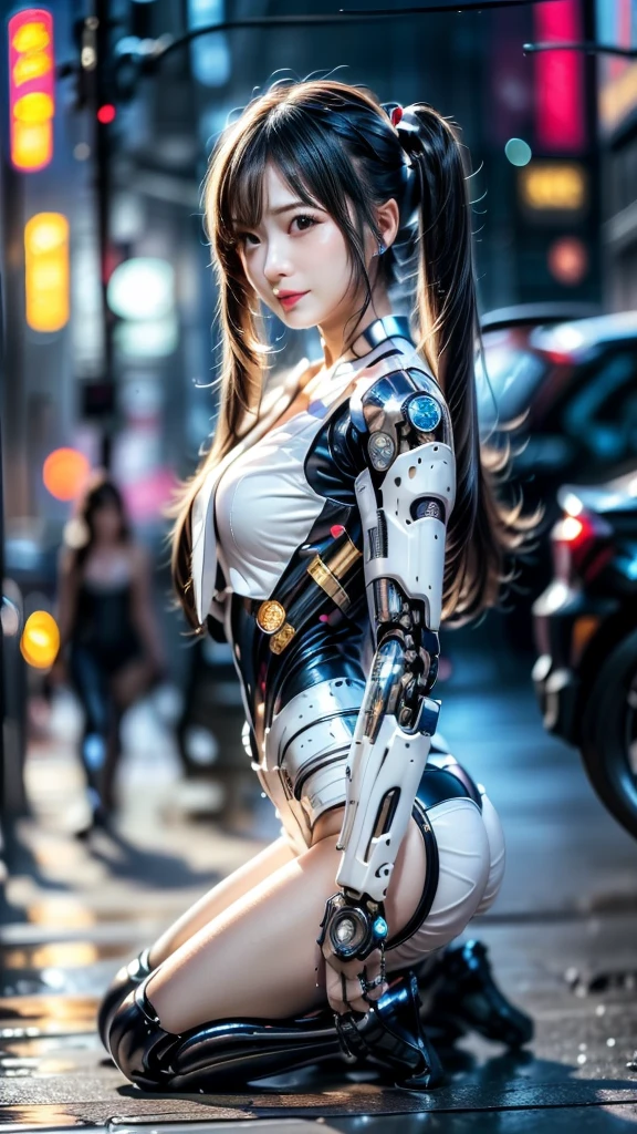 a woman in a white dress, perfect android girl, beutiful white girl cyborg, in white futuristic armor, cute cyborg girl, beutiful girl cyborg, cyberpunk 2 0 y. o model girl, beautiful android woman, portrait beautiful sci - fi girl, female cyberpunk anime girl, sci-fi female, cyberpunk beautiful girl, cyborg girl, symmetrical face shape, (slim and body), Extremely long brown hair, seductive brown eyes, perfect figure, Plump lips, seductive smile, firm breasts, Beautiful buttocks, voluptuous hips, well-proportioned legs, walking pose , background is futuristic city (random night-day), depth of field, first-person view, pov, from below, from behind, from front, see full body Model, atmospheric perspective, masterpiece, textured skin, anatomically correct, super detail, high quality, best quality, 4K, 8k, masterpiece, anatomically correct, super detail, high quality, best quality, 4K, 8k