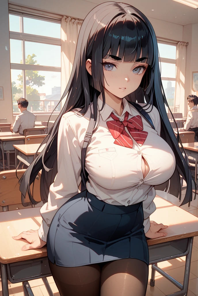 (4K), (best quality), (Best detail), school girl, black red sailor uniform , sexy body, big breasts, big hips, curvy body, shiny skin, mini pleated skirt, stockings, cleavage, blushing, long black hair, red eyes, high heels, (full body), classroom, showing vagina, legs open