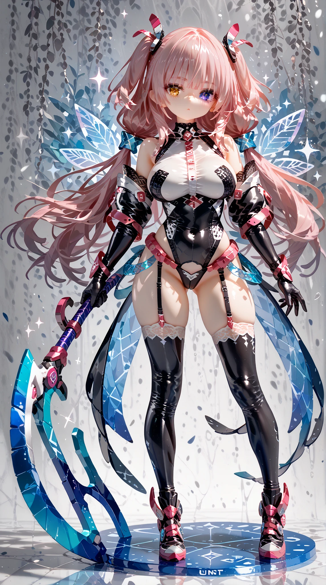 masterpiece, best quality, extremely detailed, high resolution, Japanese anime,1girl, pink red hair, (short length hair:1.4),(blunt bangs:1.5), wavy hair, drill hair, (ribbon:1.5), (mechanical fairy wing:1.5), (blue eyes:1.5), (beautiful detailed eyes:1.4), laugh, 130cm tall, original character, fantasy, (black background:1.2), (full body:1.8), beautiful fingers, (standing:1.5), (huge breasts:1.2), ( pink lace frill armor dress:1.5), (black mechanical tiara:1.5) , shoot from front, looking at viewer