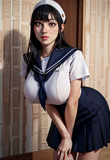 1girl, (solo), (wave), seductive smile:1.3, (17 years old), (big breast:1.5), ((beautiful anime eyes with fine detail)), realistic skin, sailor suit, (Navy blue pleated miniskirt), nsfw, (skirt lift:1.4), lace panties, beauty of slender female legs, thigh-high socks,