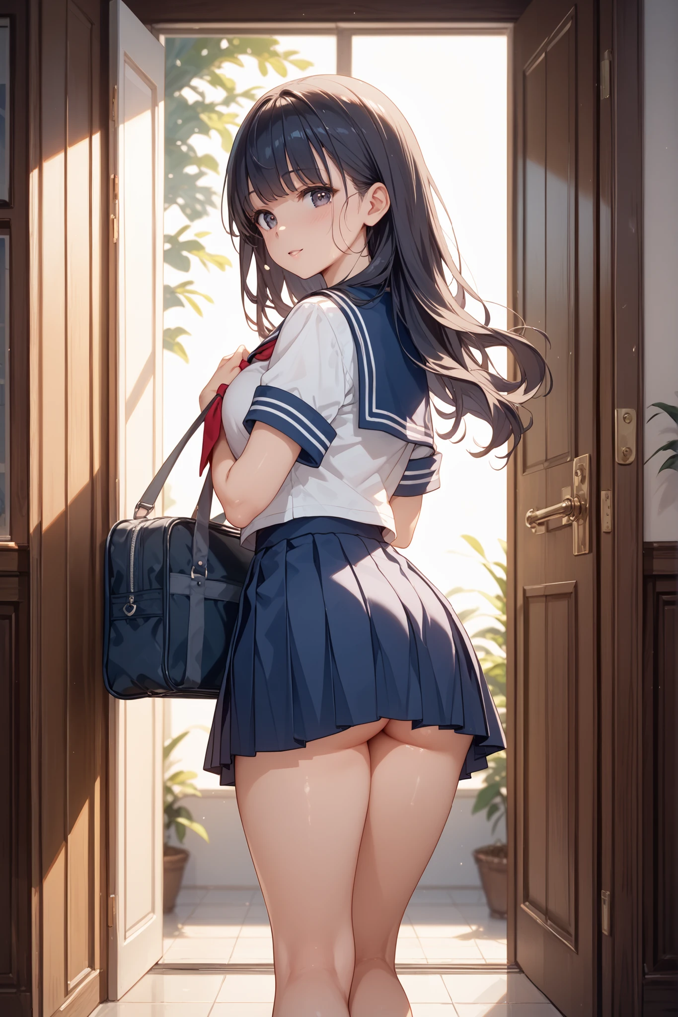(masuter piece, Best Quality), Black hair, Glowing red eyes, Sharingan eyes, Petite, Schoolgirl, (School uniform)、(skirt by the)、 up skirt, Wearing panties,,Climbing stairs、Stick your butt out、show off ass、 from behind, Malvese, crass room, Smile, Fun, Volumetric lighting, Sunlight, 发光、(Realistic butt)、The bra is sheer、gray striped panties、Striped panties