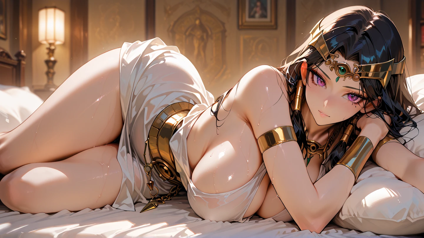1 woman, black hair, very long hair, golden eyes, beautiful eyes, big eyes, big lips, glossy lips, very curvy body, big breasts, long legs, big butt, wide hips, thick thights, defined image, seductive gaze, ancient Egyptian, ancient Egyptian queen, big gold earring, gold necklace, gold bracelets, white dress, sexy, semi-reclining on a bed
