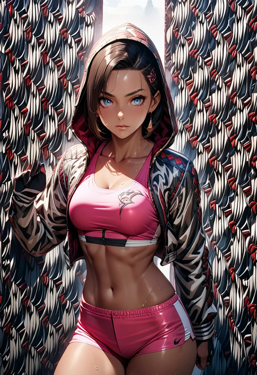 masterpiece, high detailed picture, high quality picture, 16k, 1 girl, wearing very small pink pajama shorts and pajama tank top, pink thighhighs, leaning against a kitchen counter, long black hair, two thin pigtails, necklaces, bracelets, looking straight at viewer, accurate hands and fingers, face
