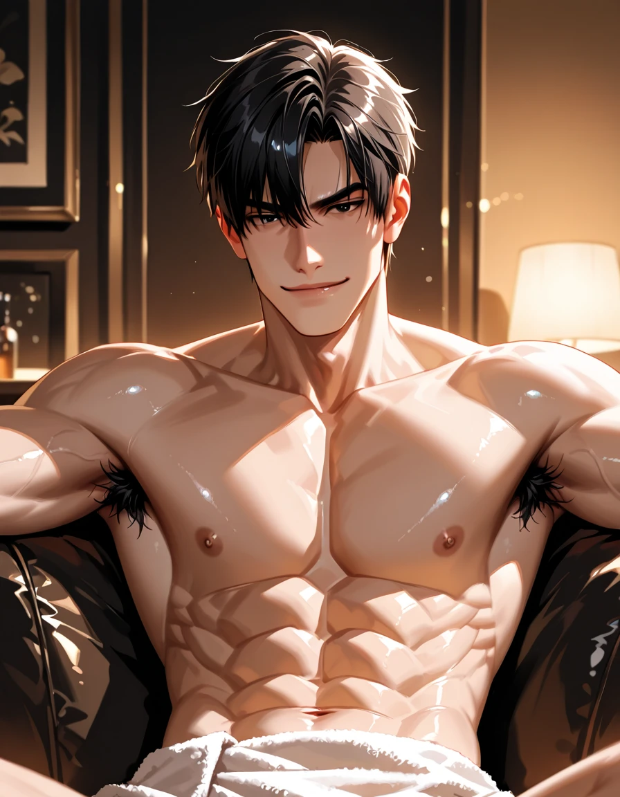 Handsome man, brown hair, medium hair, muscular, tall, sitting on throne, horns, black eyes, ear piercings, expression smirk, big bulge in pants, black pants, burgundy color tshirt, nightfall, dark room