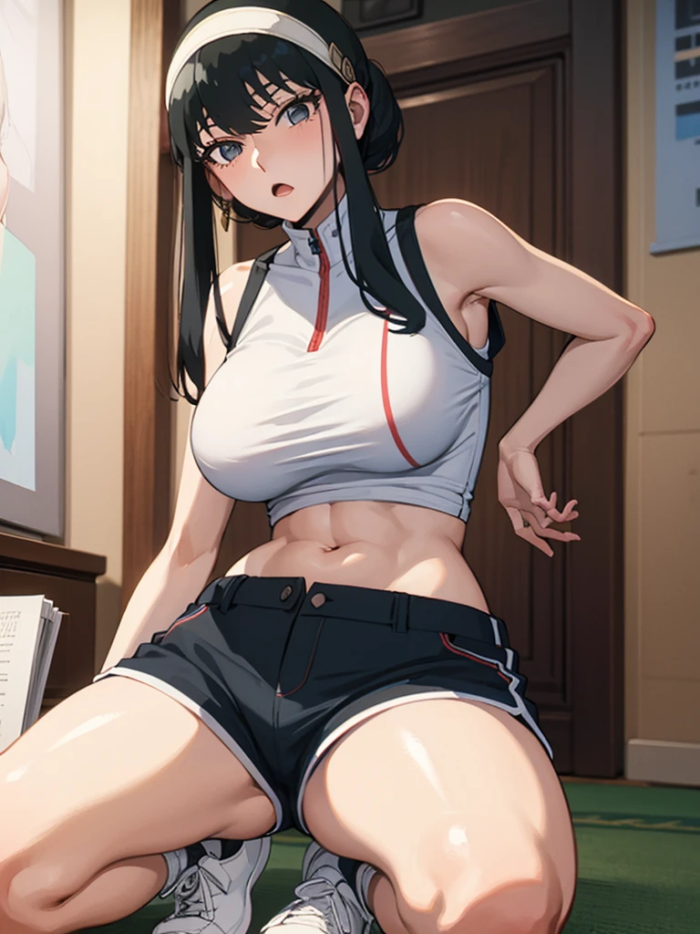 upscales，8K，k hd,(((Anime manga girl))),((On a table)),Best quality at best, Extremely detailed CG unified 8K,(( 1 girl in)), (Beautifully meticulous), Intricate patterns,Character focus,Fencing sportswear，Sports equipment warehouse，Black high ponytail，girl lying on mat，Girl farts，fart posture，girl looks nervous，face flushed，girl belly bloated，full buttocks，skinny pants