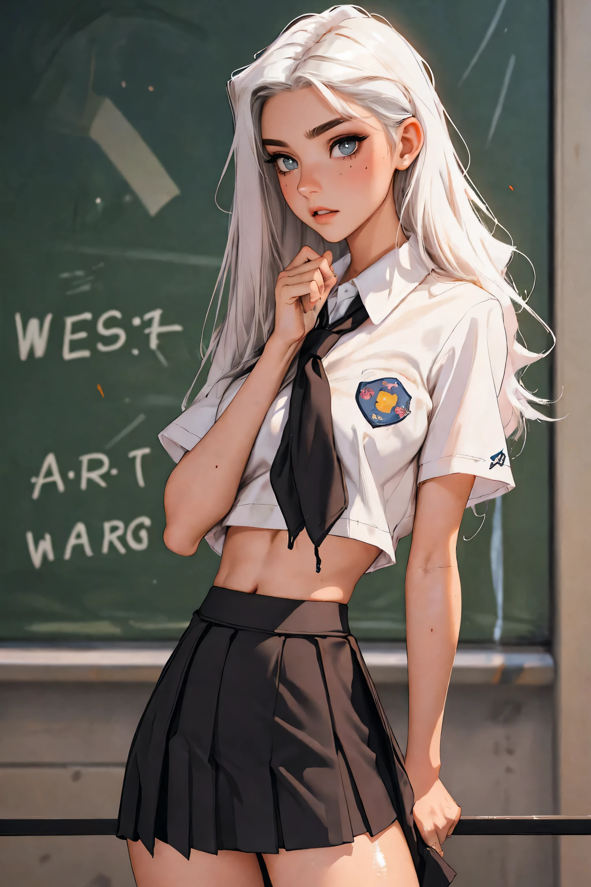 photorealistic, high resolution, 1 futa, solo, hips_up, hips up, beautiful eyes,dark makeup, influencer, thot, blush, look at viewer, close lips, detailed face, white hair, long hair,, , , shiny skin, wet skin, slender body, dark makeup, abs, slender, hair pushed back in front, slim body, tsunami hair,, ( ((school girl outfit, skirt)), ((oiled body))