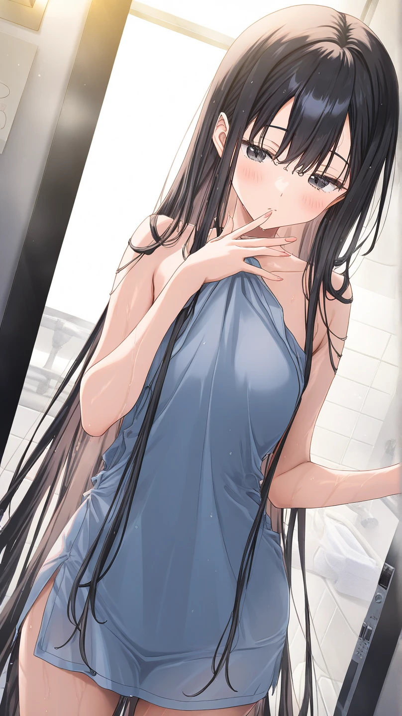 (8K、Highest image quality、highest quality、masterpiece)、detailed face、1 girl、black hair、long hair、twintails、blunt bangs、light blue eyes、lots of earrings、blush、flustered、open mouth、small breasts、((naked towel))、wet clothes、cowboy shot、Wooden bath、hot spring background、((nsfw))