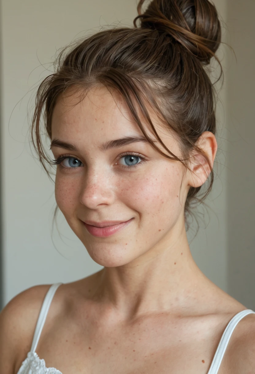 A pretty 14 years old girl, hair bun, freckles, sexy, smile