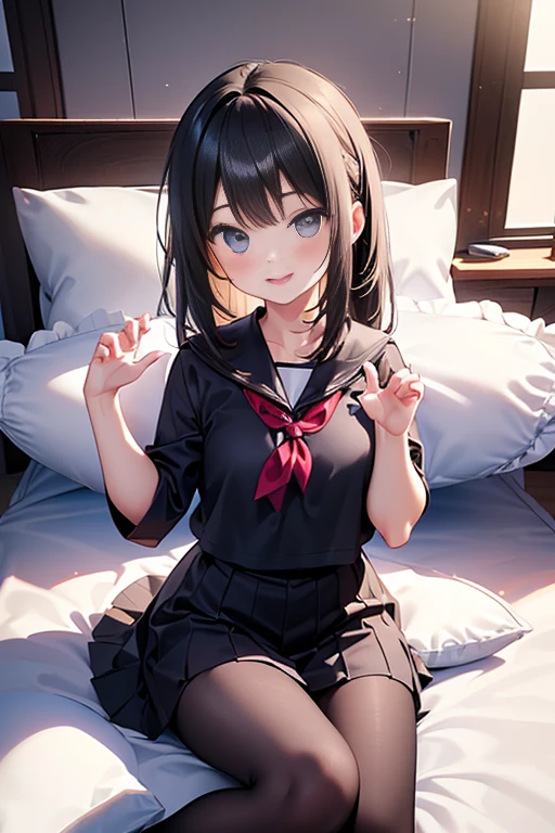 skirt lift,skirt hold,from front,front view,looking at viewer, looking ahead,from above,cowboy shot,1girl,Beautiful 11 year old girl,Japanese,Slender,,low length,Small breasts,Thin legs,Small Ass,Baby Face,Small face,Black Hair,one side up,Gray Eyes,Drooping eyes,middle School girls,uniform,Short sleeve shirt,Checked tie,Checked mini skirt,socks,open mouth,tongue out,front face,Kneeling,Straight Stand,Beautiful and detailed anime art,Mischievous smile,Sexy vibe,cum on tongue,Dimly lit room,On the bed,Simple Background,Gray background,Low lighting,
