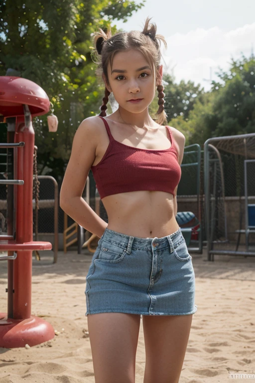 A sexy 13-year-old very young girl who looks like Chloë grace moretz, poses smiling on a park. She wears a short, sleeveless red top, along with jean mini shorts and white sneakers. The girl has long redhair, styled in two pigtails, and wears a relaxed expression. Red top, photorealistic, high definition, natural light, detailed, perfect hands, perfect little body, natural skin imperfections, very youthful body and face, 8k, full body shot