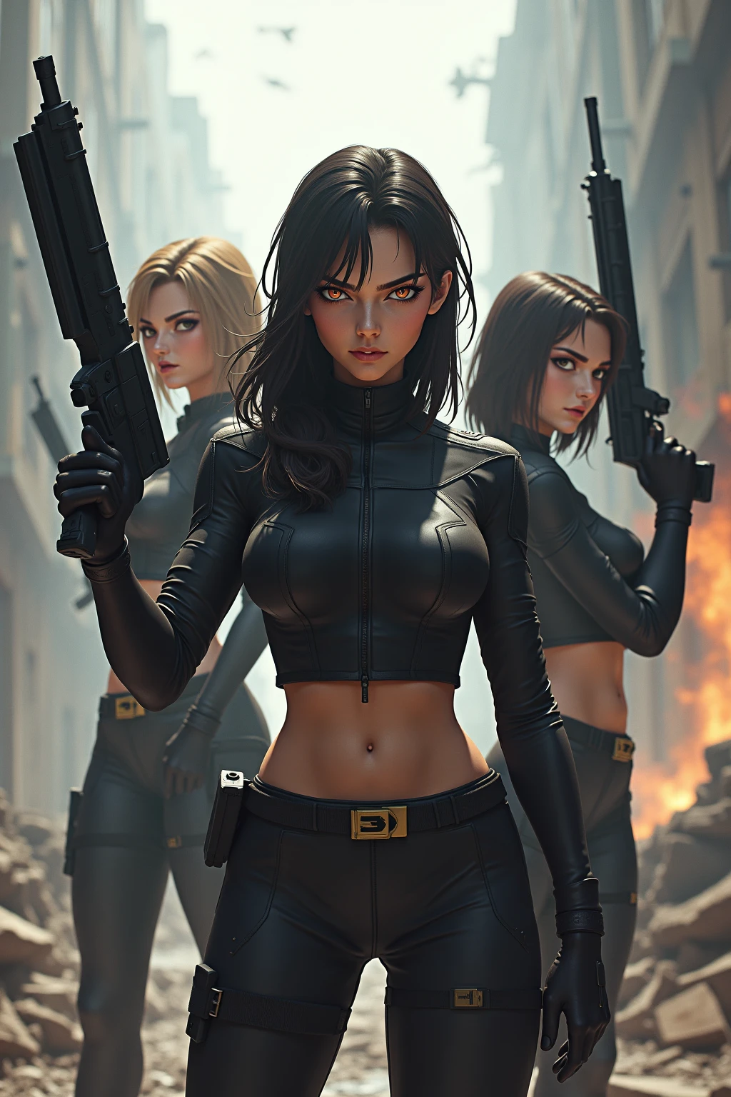 “Female, 20 years old, Domino (Neena Thurman) character from Marvel Comics. best known as a member of the mutant team X-Force. Created by writer Fabian Nicieza and artist/co-writer Rob Liefeld, with a round Deadpool mask-style patch on his left eye, X-Men style leather jacket and tight pants. As a result of her mutations, she also has white skin, is always carried with an arsenal that includes several pistols, blades and machine guns, and sometimes uses a baton that fires ammunition, is equipped with sensors and serves as a base for balance, Jump. and scams. In addition to her exceptional aiming and fighting skills, Domino has mutant probability-altering powers. In New York, time square, (athletic body: 1.4), (tight leather jacket and pants: 1.4), (hanging breasts: 1.3), (full breasts: 1.4), (Spot on one eye: 1.3), ( realism: 1.5), (Realisitc: 1.4), (Absurdity: 1.4), 8k, ultra detailed, Beautiful woman detailed, (Only one: 1.5), 1 girl, (Viewer facing: 1.2),