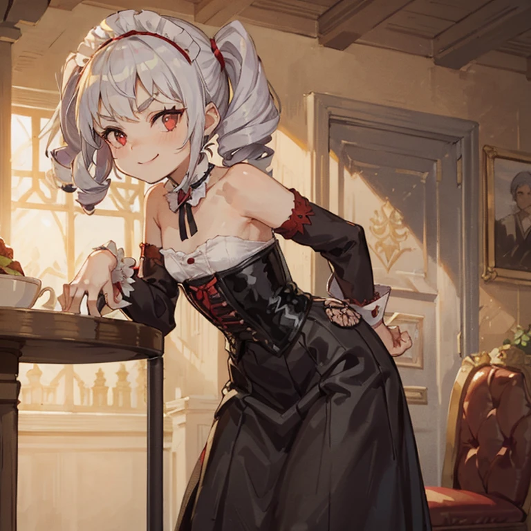 Best quality at best， tmasterpiece， realisticlying， 超高分辨率， Complicated details， 1girll， Jirai is stylish， beautiful  face， Light silver hair， hair adornments， frilled sleeves， skirt with frills， in the dining room， squatt，Ray traching，quadratic element