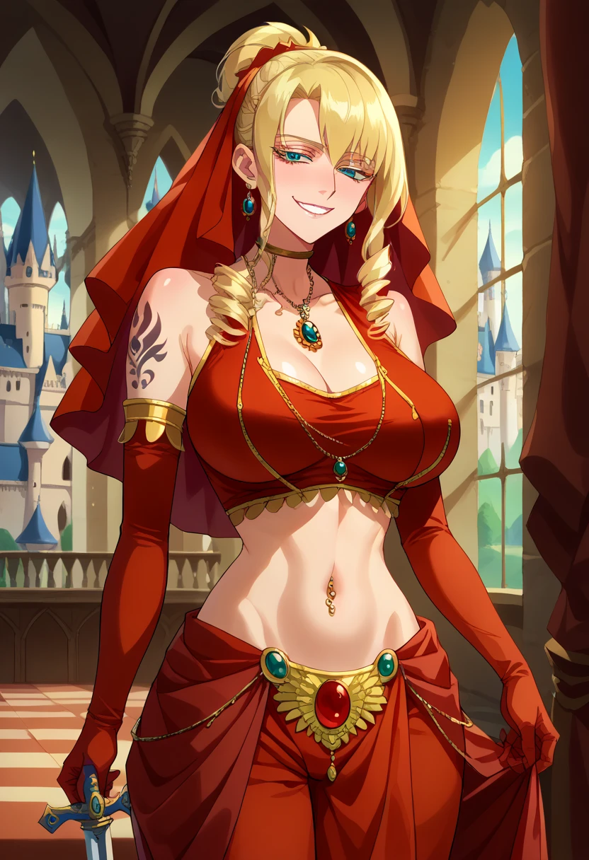 ftselenecas,mature female,pink eyes,mature female, blonde hair, long hair, blush, lipstick,,jewelry, earrings, masterpiece, best quality, highly detailed, fantasy , a anime girls in armored dress holding a sword
posing for a picture, evil smile, smile, open mouth, breastplate with open cleavage, cleavage, warrior
outfit, ecchi anime style, anime girls, ecchi style, (nsfw) not safe for work, ecchi, digital anime art!!, in
anime style, official artwork, visual novel cg, beautiful anime girl, anime style 4 k , loincloth, exposed
belly, exposed navel, exposed midriff, exposed lower belly, pencil skirt armored, castle,inside castle