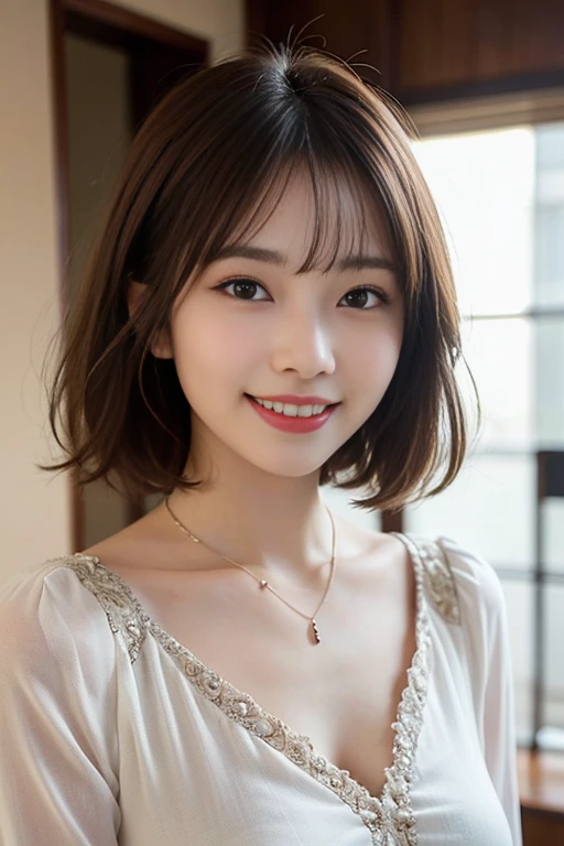 Standing、 Wear warm clothes、indoor、Very short hair、Berry Shortcut、Highest quality, figure, Super detailed, In detail, High resolution, 8k wallpaper, Perfect dynamic composition, Beautiful attention to detail, dress,Medium Hair, Small breasts、Natural color lip, Random sexy poses,smile,24-years-old