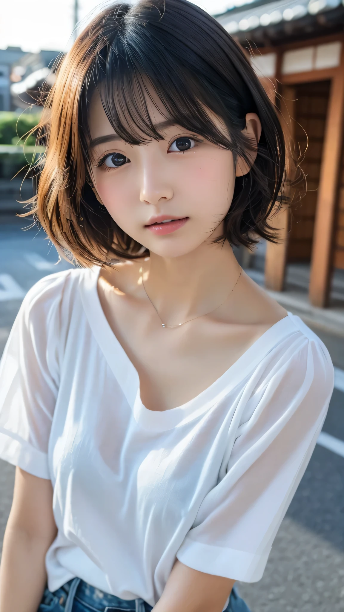 masterpiece, best quality, 8K, disorganized person, (Upper body:1.4), white shirt, beautiful girl, pretty face, looking at the viewer, smile, super realistic, high resolution, picture, sharp focus, HDR, face light, dynamic lighting, movie lighting, professional shadow, beautiful cityscape background, best details, very detailed, Super detailed, finely, real skin, delicate features, detailed face and eyes, sharp pupils、realistic student