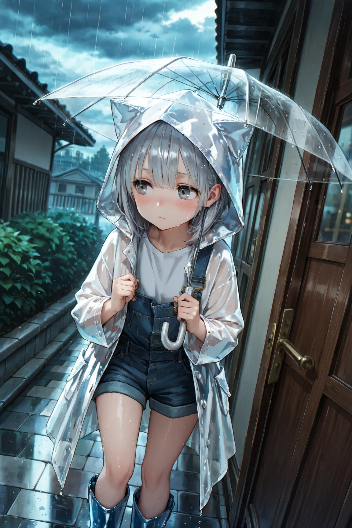 Girl holding an umbrella, rain, Wet Hair, Wet clothes, Cat ear