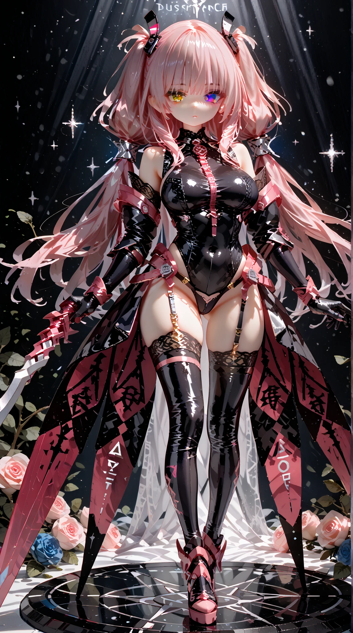((A pink-haired:1.5,Incredibly long pink twin tails, Thin and very long straight twin tails pink)), Red Eyes: 1.5, Black tiara,Gothic punk costumes,Dark Queen,a black choker,Black thick gothic punk choker:1.2,masutepiece, full: 1.3, to stand, 8K, 3D, Realistic, Ultra Micro Photography, of the highest quality, Wallpapers with extreme details CG Unity 8K, From below, Intricate details, (NSFW:1.2),(1 female), 28 years old, dame，Vanity fair,a matural female，Black camisole,Chinese dress:1.5, Black Dress, Black Dress Long Dress:1.5，Pink pretentious stole,Stud choker,(black lence stockings)，Sexy leg slit black dress, Garter Belt,fishnet tights,heeled sandals，(Feet in black stockings)，bodystocking,Black See-Through Lace,(meishaonv,Sailor Moon,tiarra, ), Hair bun, Red round hair ornament in a hair bun, Colossal tits, (Black color,Pants are visible,Super High Leg Swimsuit:0.3,   cleavage looks bigger:1.2, earrings,Black Crystal Earrings), ( Face Details: 1.5, Beautiful face, Beautiful eyes, shiny eyes, thin lips, thin and sharp pale eyebrows, long dark eyelashes, Double eyelashes), Luxurious Golden Jewelry, Thin, thin and muscular,,a small face, Perfect proportions, thin waist, SEXY Model Pose, Visible Pore, Seductive smile, Perfect hands: 1.5, Very thin and fitting high-gloss black holographic leather, Octane Rendering, highly dramatic picture, Strong natural light, Sunlight, exquisite lighting and shadow, Dynamic Angle, Digital SLR, Sharp Focus: 1.0, Maximum clarity and sharpness, (Sacred in Hell,Space background,Moon, dynamic background, Detailed background),(Rabbit, Double bun, Twin-tailed, Parted bangs, circlet, Jewelry, earrings, Choker, mecha musume
),armor