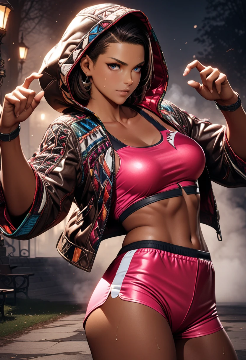 African, female, dark skinned, gothic, short hair, mohawk, black and purple, mixed martial arts