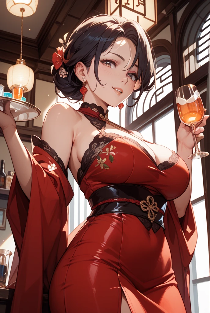 highest quality、Nice sexy body、One Woman、solo、(Beautiful busty woman:1.5)、Medium hair woman、((Woman with dark red hair))、(A woman wearing a black Chinese leotard)、Chinese leotard with gold pattern、A woman wearing brown pantyhose、Smiling woman、Chinatown