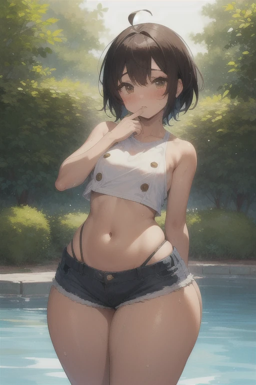 (((Sarada, pretty butt, sexy, thong swimsuit, standing, small breasts))), (Sarada Uchiha, Sozinha, cabelo curto, Angled Textured Bob) ,Eyeglasses, selva, red swimsuit, peito pequeno, ((swimsuit monokini, de lado, artistic composition, boa qualidade, alta qualidade, qualidade detalhada, best quality, Angled Textured Bob, seios pequenos)),(artistic composition, super detalhada),(olhos delicados), usando batom vermelho, cabelo preto curto,(corpo fitness, corpo atletico), pele bronzeada, red sexy swimsuit, standing under a tree. olhos detalhados. bumbum grande. de lado, marquinha de bronzeado. perspectiva lateral,(Uchiha Sarada, marquinha de bronzeado, Obra Prima)