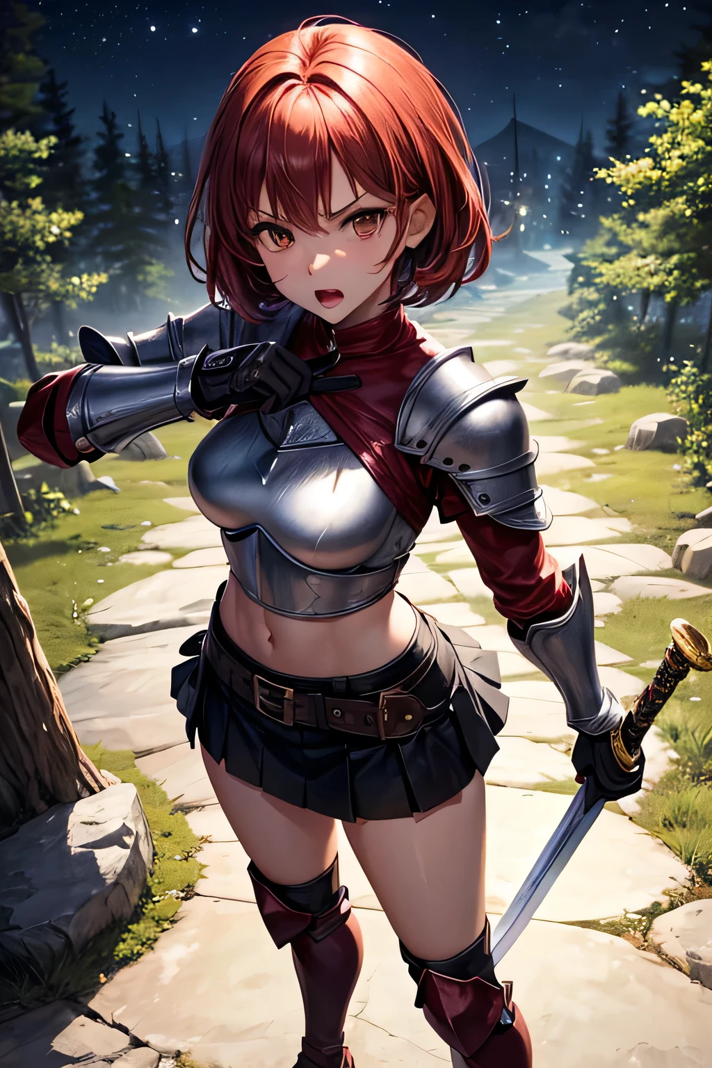 ((Simon Bisley)), Beautiful full-bodied woman, 30 years old, muscular and perfect body, Scottish warrior, (((Medieval Scotland)))), fighting with her sword, with plaid mini-skirt, Scottish beret, with little clothing, tiny thong, large breasts, generous neckline, holding a giant, dirty and torn sword, fantastic art outfit, fulfilled or short hair, brave face, dark kingdom, sexy pose,  in a medieval Scottish castle courtyard