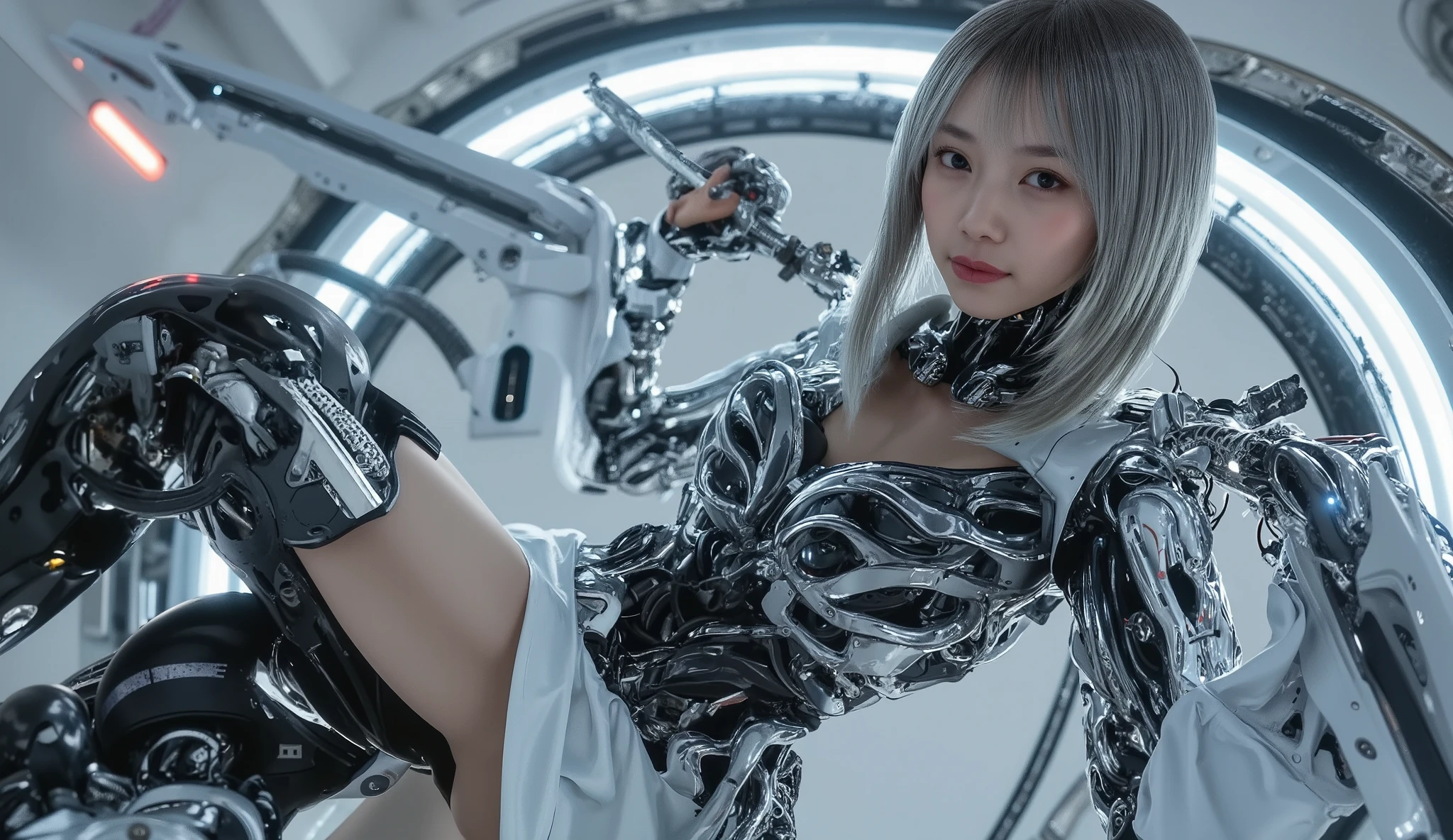 top quality , 4K resolution ,photorealistic,  Beautiful Woman with Perfect Skin, Beautiful Japanese Woman, charming smile ,intricate mechanical neon Cyborg body , very intricate futuristic Cyborg body ,headgear  , Increase body exposure  , Highlight your chest ,Show belly  ,silver hair , short hair ,Confident Expression , robot cockpit ,mechanical , Cyborg  ,cyberspace ,Spaceship ,Limited space , upper body shot