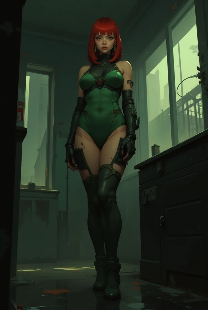 a goth girl, pretty face, serious face, short hair, green eyes, perfect body, fit body, muscular abdomen, , muscular, small black thong, fishnets stockings, extra small bikini, full body, combat boots. robe