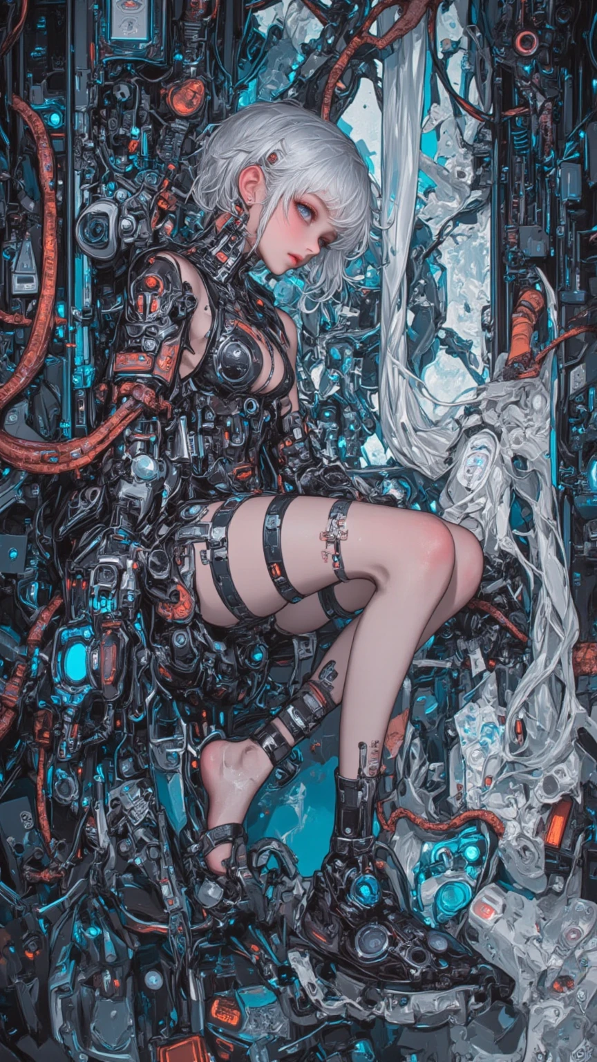 Masterpiece, Best quality, Girls, Slender, Blue eyes, Hair color ash, White skin, Medium breasts, Cute, Sexy, Futuristic, Bikini, Skin exposed, Night, psychedelic theme, Open legs, full body --auto