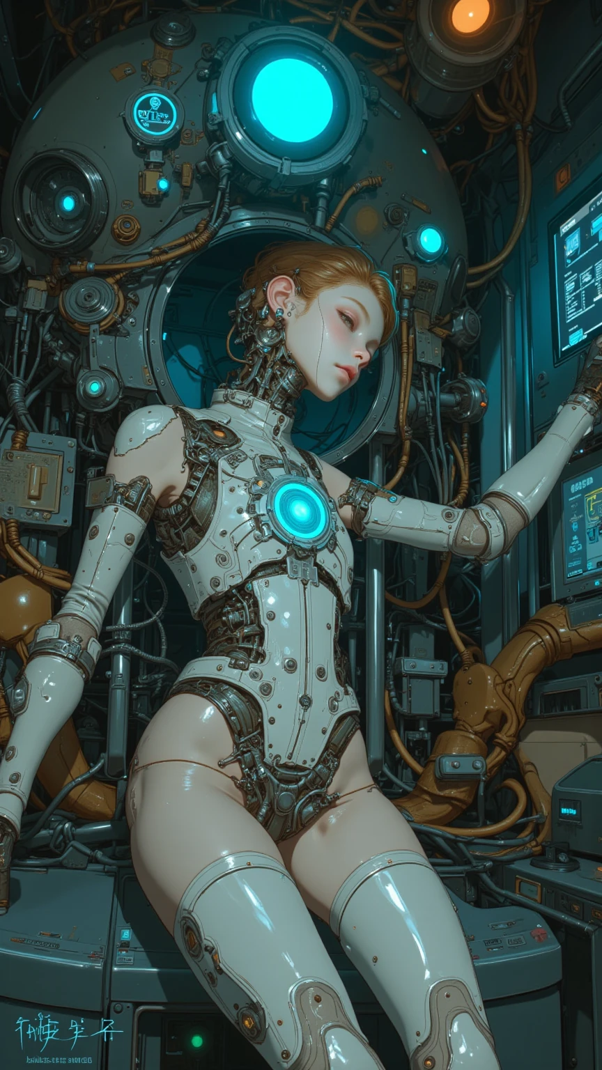 8k, calidad superior, Obra maestra:1.2), (realista, photo-realista:1.37), calidad superior, Obra maestra, hermosa mujer joven, expresión facial pensativa between exploding android robots (((Masterpiece))), (((best quality))), ((ultra detailed)), (very detailed CG illustration), ((an extremely delicate and beautiful)),(cute delicate face ),cinematic light,((1 mechanical girl)),only,full body,(machine-made joints:1.4),((mechanical limbs)),(exploded muscles),(blood vessels connected to tubes),(A brain in a container:1.3),((mechanical vertebra attached to the back)),((mechanical cervical fixation to the neck)),((session)),deadpan,(Wires and cables attached to the head and body. :1.5),short hair,(character focus),Science fiction,