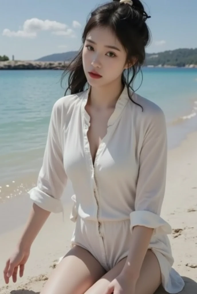 1 Girl,Beach,Soft Light,Chinese Beauty,cheongsam,Dark-haired,long hair