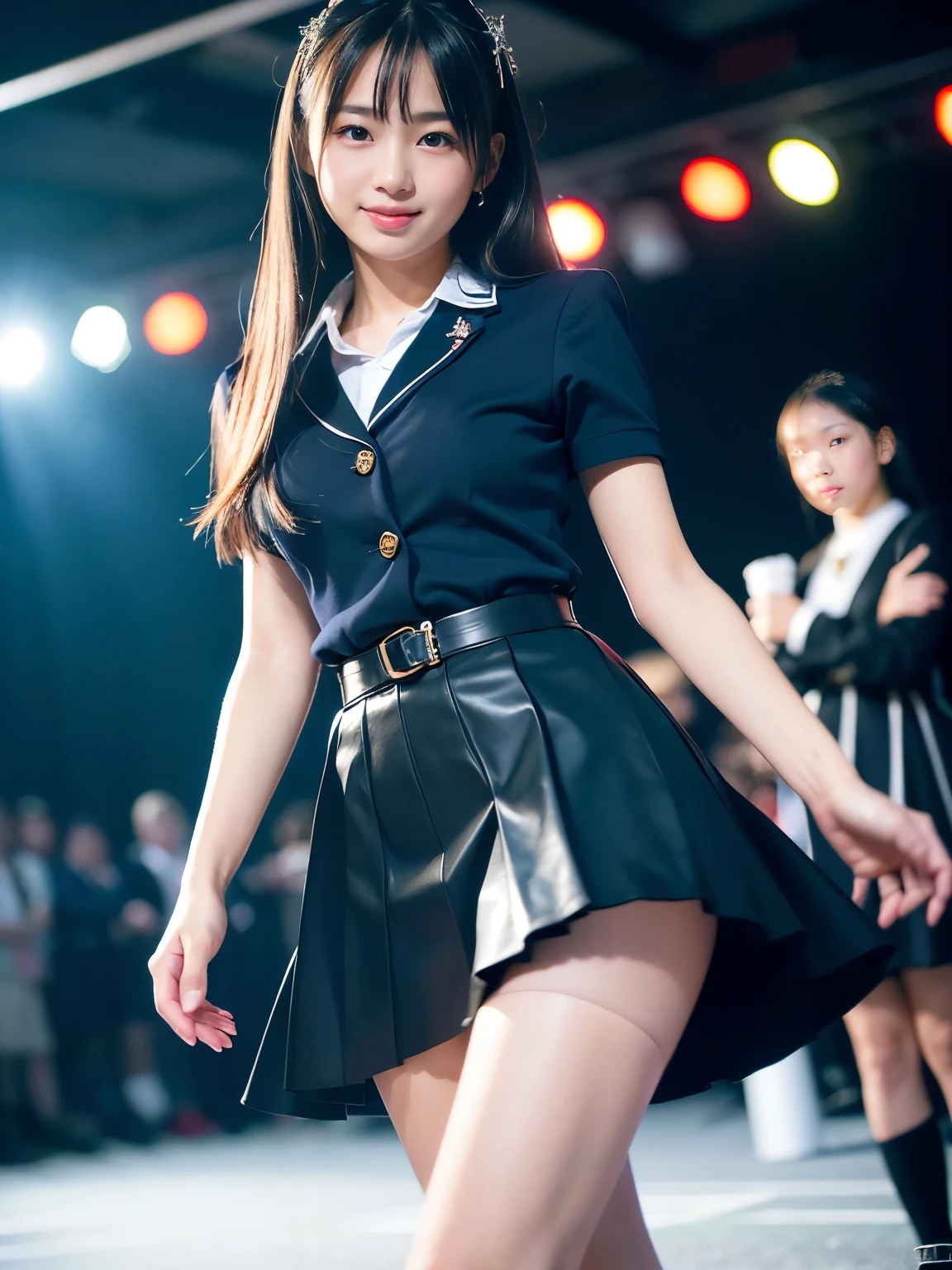 (masterpiece, highest quality:1.4), award-winning portraits, 8K, 85mm, alone, beautiful face, delicate girl, , (dark navy blazer jacket), dark navy skirt, long sleeve, violaces, gardenia, grace, Sophisticated, cute, teen, looking at the viewer, 15 years old, Raw photo, disorganized, HDR, sharp focus, A bow tie, background bokeh、(((flat 、thin and delicate body、A childish atmosphere)))、shiny semi-long hair、hair swaying in the wind、Mole on the left cheek、large, round, dark blue eyes、full body、random pose、Run、(sprinting、Skirt fluttering in the wind)、Junior idol、Nogizaka Idol、widening skirt、jump、mole under eye、Under a starry sky、on the observation deck、Jumping into the audience with open arms