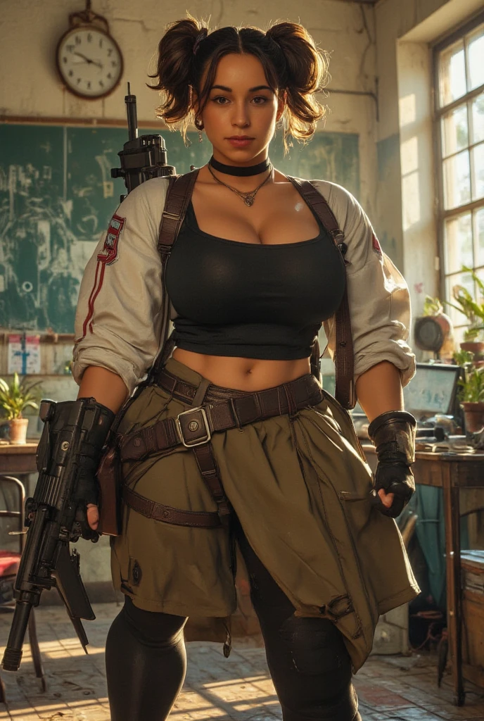 deep shadow, sinister, award winning photo, best quality, masterpiece, full body, woman, freckled face, braided ponytail, black hair with green highlights, grey eyes, modern, skirt, tactical pouch, pink crop jacket, black crop top, by Jeremy Lipking, by Antonio J. Manzanedo, by lee jeffries nikon d850 film stock photograph 4 kodak portra 400 camera f1.6 lens rich colors hyper realistic lifelike texture dramatic lighting unreal engine trending on artstation cinestill 800, fisheye lens, Style-Kilt, ruins, AK-47