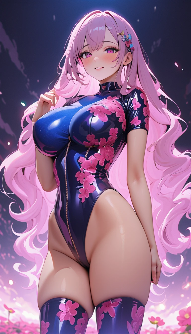 (masterpiece:1.3), (Best Quality:1.3), (Ultra-detailed:1.2), ((kawaii)), Cute, (lovely), ((sexy)), ((Extremely detailed)), 4K, (8K), Best Quality, (Beautiful), Illustration, anime style, (bold line:1.2), Gradation, full body, //, standing, contrapposto, One hand behind your head, //, a cute girl, 1girl, 16yo, (solo:1.2), pink-skinned, //, huge breasts, disproportionate breasts, (Perfect eyes:1.2), (Perfect iris:1.2), //, Short straight hair style, Blue and green gradient hair color, (beautiful eyes) //, (sexual expression:1.2), (ahegao:1.3), (laughing), smile, //, abstract art (school swimsuit), //, (Single color (purple) based cute zentangle heart pattern background:1.3), (zentangle background), abstract background art
