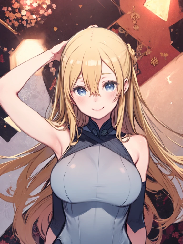 One Girl、Alphonse Mucha style、Flat Color、Blonde Hair、long hair、Hair between the eyes、Big Breasts、Huge breasts、Blue Eyes、Bikini Swimwear、Sexy Swimwear、Upper Body、Smile、
