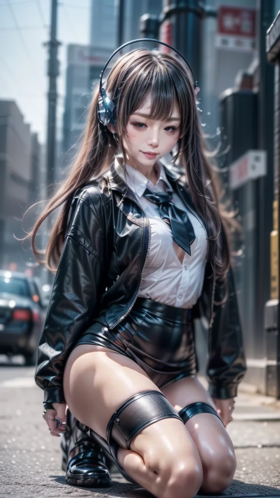 (super flat, flat shading, flat color:1.1)、(1 girl)、soro、(glamorous:1.3)、very beautiful 20 year old cartoon girl、(high detail skin: 1.2)、Photorealistic anime girl rendering、Realistic anime 3D style、beautiful platinum blonde hair、long hair、crossed bangs、asymmetrical bangs、stick out ears、eyelashes、red eyes、(orgasm face:1.2)、Attractive、(natural and very big breasts)、(perfect ???????:1.3)、((black jacket、Wearing red fancy underwear and detailed panties、supple and thin fabric、black mini skirt、metal accessories、))、decorative choker、hands behind the back、(sophisticated headphones)、Body shiny with oil、(detailed bra、black hort boots)、(lewd girl:1.3)、A big city where you can see the sunset at 6 p.m.、red sunset clouds、it&#39;s raining、my body gets wet from the rain、Decadent and futuristic urban area in the evening、(cyber punk)、(futuristic car、flashing red light)、volume lighting、soft light、bright、Bright colors、watercolor painting、