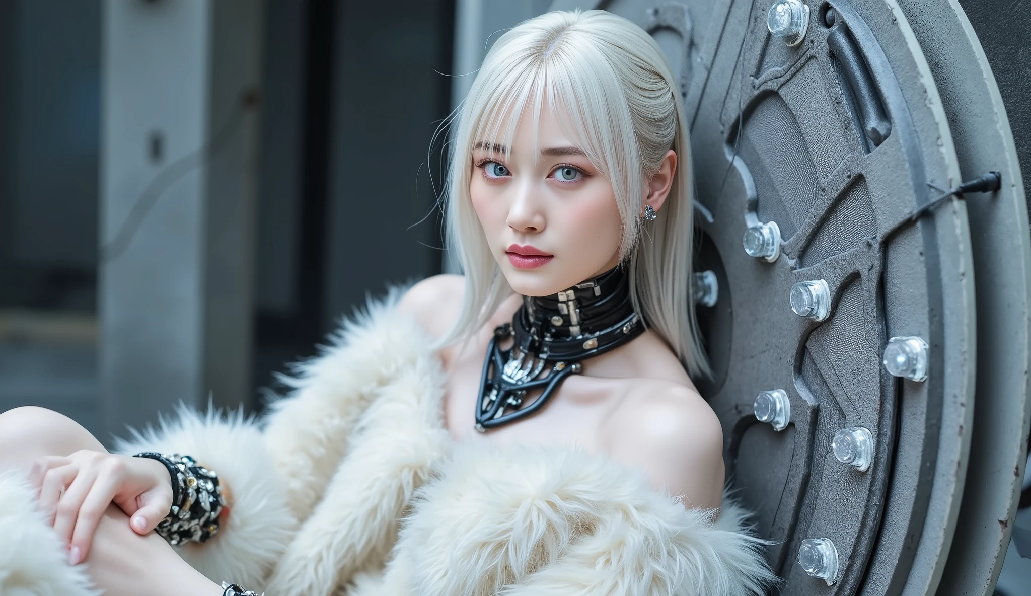 cinematic lighting, super high resolution, masterpiece, correct, Super Detailed, High Details, High Quality, Award winning, Highest品質, Highest, 16 kg, Super Detailedな顔, highly detailed eyes, Super Detailedな唇, Ultra-precise hair, Realistic Textured Skin, perfect anatomy, perfect finger, ultra-high precision, The reality of highly detailed photographs, 1 person very delicate and beautiful, delicate and beautiful face, 1 , (full body), big , Skin that shows cleavage, pure white hair, pale blue eyes, Shining Eyes, Complex 3d rendering of a beautiful grim reaper angel with naked butts, skin with exposed thighs , (Mechanical joints:1.4), (Mechanical rims), (Blood vessels leading to the duct), (mechanical cervical attachment to the vertebrae), ((Mechanical cervical spine) Wear around the neck)), (sitting), No expression, (wires and cables are attached to her head and body:1.5), (Character Focus), many small LED lamps on the body, Combat Team, SF, metal, metallic body, Detailed Neon, Hydraulic Cylinders