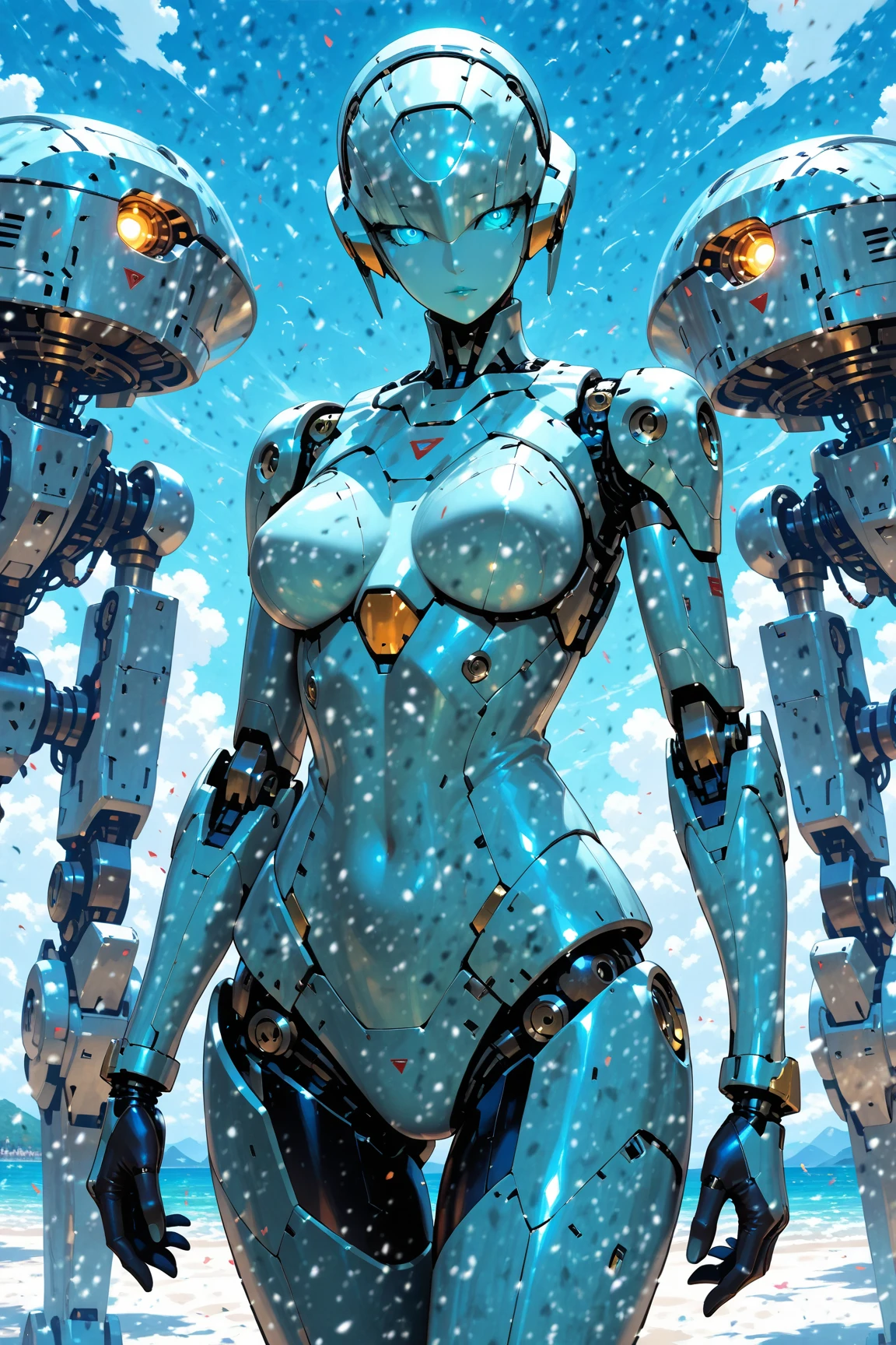 "A female humanoid robot with a sleek, futuristic appearance, Constructed with a shiny, high-tech metallic material. She has a friendly face with expressive eyes that emanate a soft blue light.. Your body is slender and well-proportioned, with subtle feminine features, and covered with metallic armor that resembles an exoskeleton, but with soft lines and anatomical shapes. The design includes intricate details like exposed circuitry and LED lights on body parts. She is in a futuristic laboratory environment or advanced technological city. Her posture is confident and welcoming."