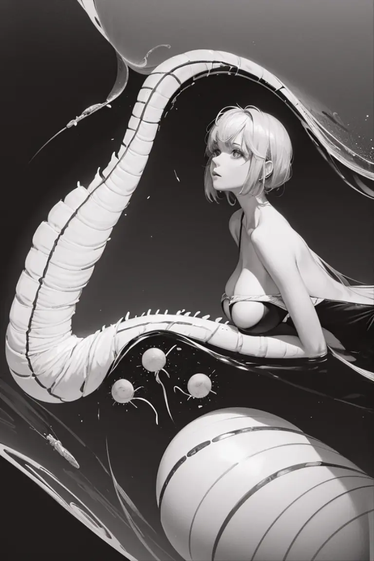 A scene where a man and a worm woman are having sex,Woman inside the body of an earthworm,The upper half of the body is sticking out from the tip of a large earthworm.,The body of the earthworm has been distorted into the shape of a woman&#39;s body.,Big Breasts,areola is quite large,naked,Wrapped around a human male for sex,A human male&#39;s penis being inserted into a vagina,A large amount of vaginal discharge is being discharged.