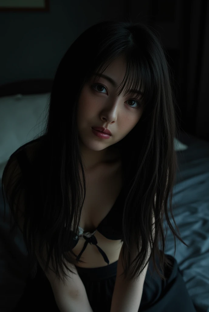 A Japanese woman in a dark room on top of a bed, wearing black panties and a black bra,she will be in the position of a dog, she will have 1,56 black hair black eyes and dark circles, introverted personality.