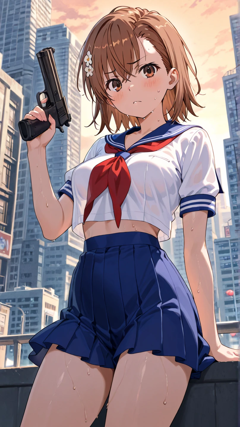 bottom view, blurred foreground, depth of field, 1 girl, alone, pretty face, serious, brown hair, brown eyes, two pigtails, headband, ribbon in hair, , yellow ribbon, yellow bow, school uniform, serafuku, white shirt, short sleeves, blue skirt, pleated skirt, white socks, black shoes, wind, skirt lifted up, panties visible, pink panties, foreshortening, legs slightly apart, arm extended, pointing, pointing at viewer, reaching out, weapon, gun, pistol, aiming at viewer, looking at viewer, rooftop, buildings, night