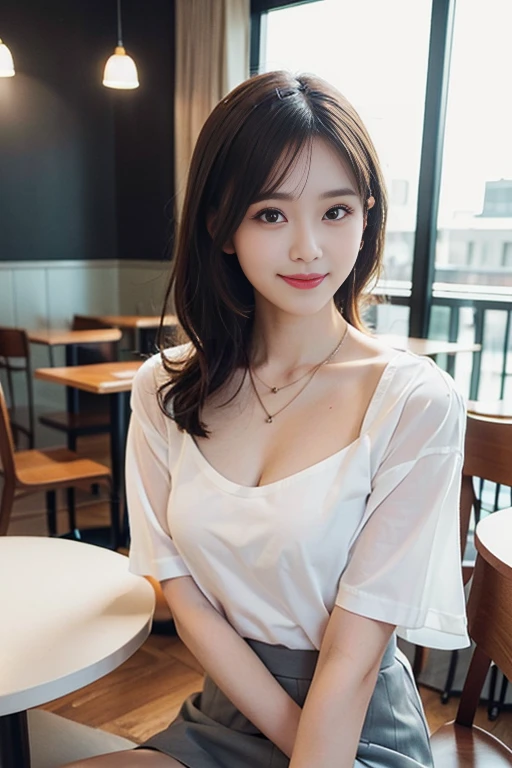((highest quality, 8k, masterpiece: 1.3)), Beautiful woman, Pure, melon face, Kind and cute, sweet smile, Pure desire, Slender body, (((Random Body Orientation))), (Tilt your head), ((looking at the camera)), Pure desire, Wearing a random colored short blouse and skirt, Long black silky hair, Long, flowing shoulders, Big, round, black eyes, Clear, big eyes, Moist red lips, sweet, sitting in the lounge, Cafe room with a calm atmosphere, 28 years old, ((Chest to head shot)),