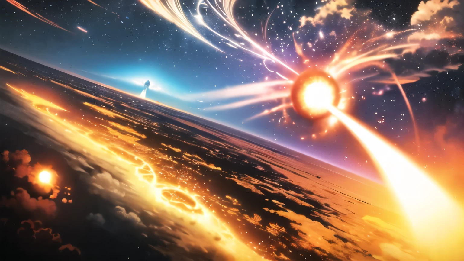 Dramatic anime-style illustration of Earth seen from space during the final world war, massive nuclear explosions visible across the planet’s surface, enormous glowing fireballs and mushroom clouds rising from continents. Earth is partially in darkness, with dramatic red and orange glow from the detonations. The planet's curvature is visible, with fiery outlines, smoke plumes trailing into space. The mood is dark, tragic