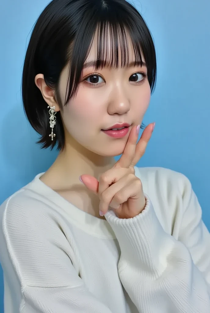 A beautiful Japanese woman with a small face, beautiful features, and a cute smile in a bunny girl outfit with short silver-colored hair and F-cup breasts.