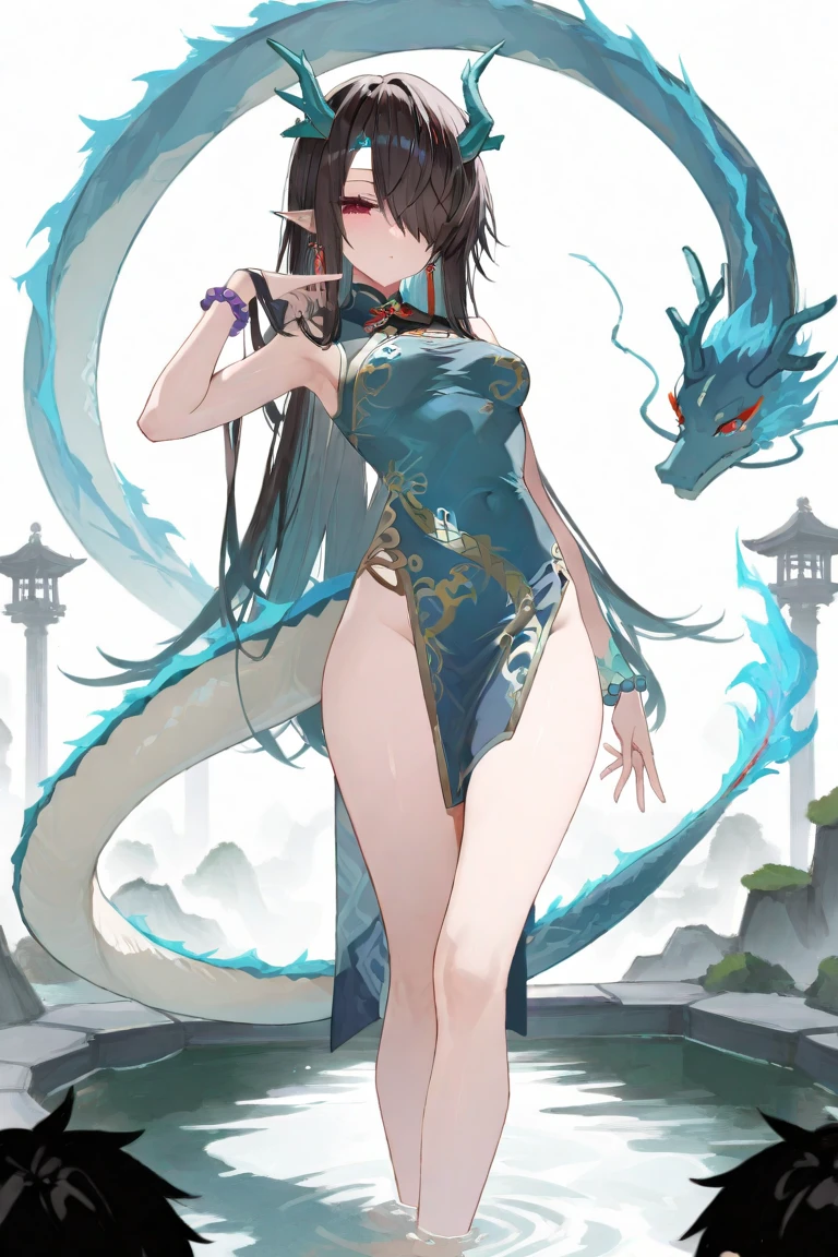 Colored line art night quiet starry sky and lake water, water lily, Bridge, Very realistic and detailed painting, Pencil, Colored pencils,8A giant snake with the body of a beautiful woman、It's beautiful8Man Woman、