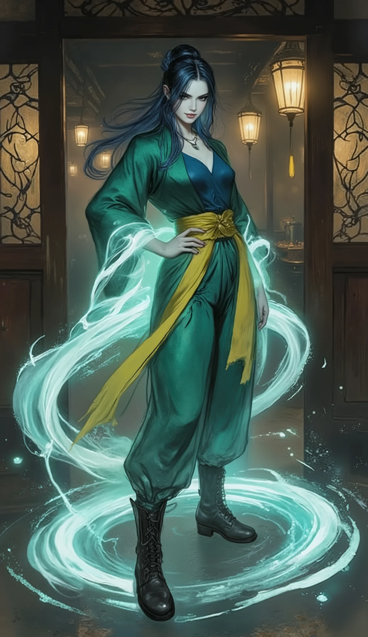 Masterpiece character concept art, cinematic full body portrait of a tall, proud, and untamable young wuxia e. She has long, flowing midnight-blue hair like a silken waterfall, a long side-swept fringe dramatically obscuring the right half of her face, adding an air of mystery. Her features include thick, elegantly arched eyebrows, piercing, arrogant eyes shimmering with heroic pride, flawless fair skin, a delicate oval face, and full lips curved into a confident, contemptuous smirk.
She is dressed in a fantasy wuxia ensemble: a high-collared short jacket of rich emerald green silk, its sleeves casually rolled up to the elbows, worn open over a deep sapphire blue tunic. She wears matching loose-fitting trousers tucked into rugged, dark leather combat boots, and a vibrant yellow sash is tied firmly around her waist.
She strikes a commanding pose, one hand resting defiantly on her hip, inside a dimly lit, atmospheric fantasy Chinese tavern. The environment is detailed with intricate wooden carvings, glowing paper lanterns casting long, dramatic shadows, and the air seems thick with ancient secrets.
A swirling, luminous aura of cyan, water-like ki energy crackles and flows around her body, glowing intensely and illuminating her form against the dark background.
Art style by Ruan Jia and WLOP. Perfect anatomy, five fingers on each hand, hyperdetailed, intricate details, professional digital painting, dynamic cinematic lighting, volumetric light, sharp focus, unreal engine 5, octane render.