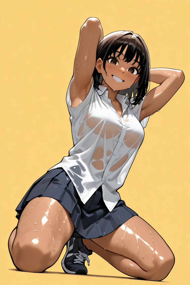 1girl, 独奏, White polo shirt, White sneakers, tennis wear, white mini-skirt, tmasterpiece, Best quality at best, realisticlying, ultra - detailed, (shiny skins, perspired:1.4), absurderes, looking at viewert, with short black hair, with brown eye,slenderness,Dynamic light and shadow,A high resolution,Sharp focus,depth of fields,The eyes are delicate,Sharp pupils,pupil realistic,(smallunderboob:1.6),(Thigh thick:1.0),exteriors,Skysky,Naked upper body